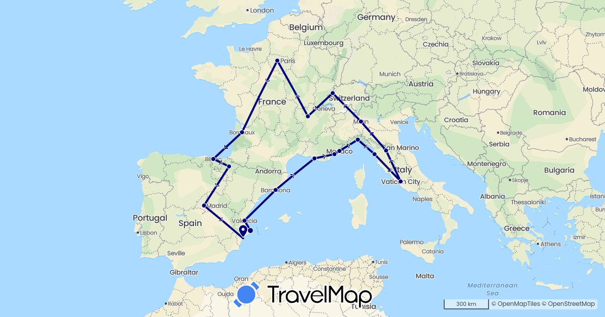 TravelMap itinerary: driving in Switzerland, Spain, France, Italy, Monaco, Vatican City (Europe)